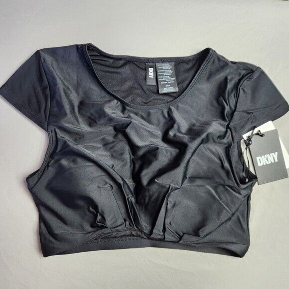 DKNY Swim Top Cropped Tucked Front Active Twist SPF 50+‎ Short Sleeve Black Sz S